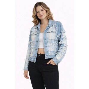 Rebel Vengeance Denim Jacket Womens Small Light Blue Distressed Patchwork Grunge